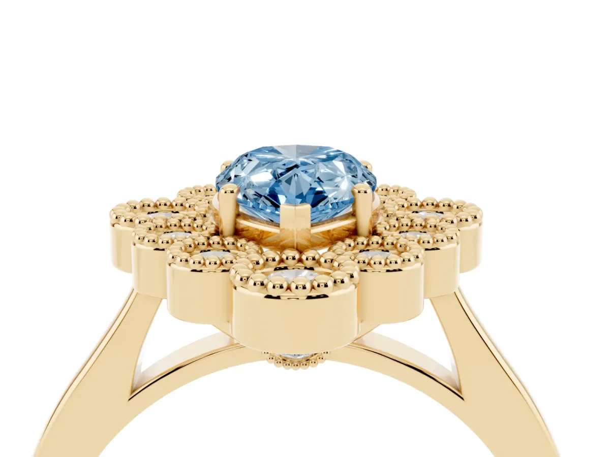 Fancy Blue Pear Cut Halo Diamond Cluster Engagement Ring with Milgrain Bezel Setting and Solitaire Band Yellow gold