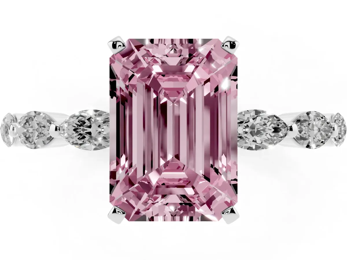 Fancy Pink Emerald Cut Diamond Ring with Marquise Side Stones and Prong Setting White gold
