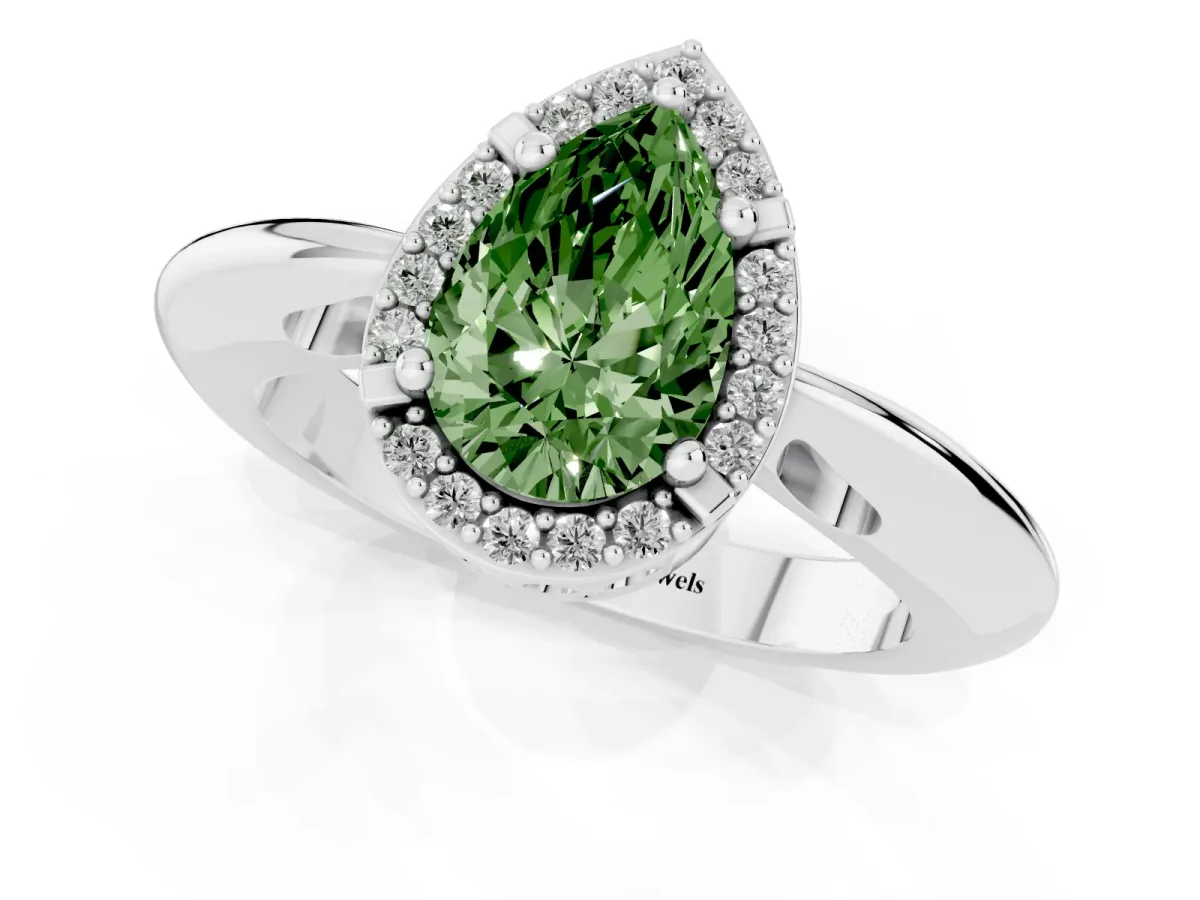 Fancy Green Pear Cut Cut Diamond Halo Engagement Ring with Split Shank and Four-Prong Setting Silver