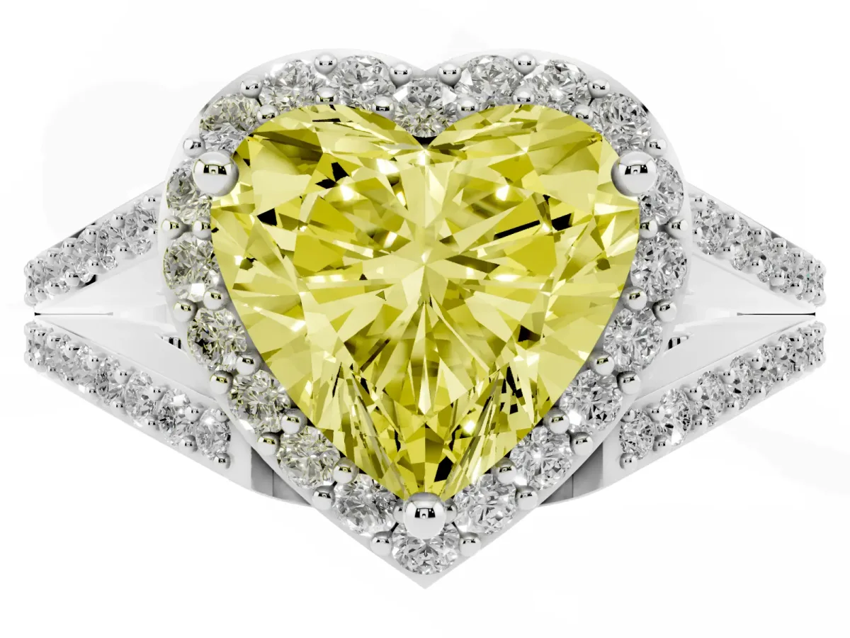 Fancy Yellow Heart Cut Halo Split Shank Pave Diamond Ring with Four-Prong Setting Platinum