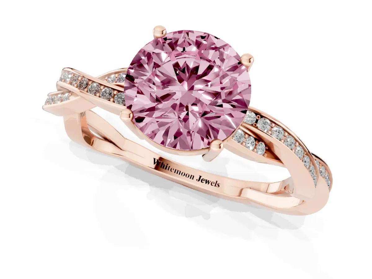 Fancy Pink Round Cut Solitaire Twisted Pave Diamond Ring with Four-Prong Setting Rose gold