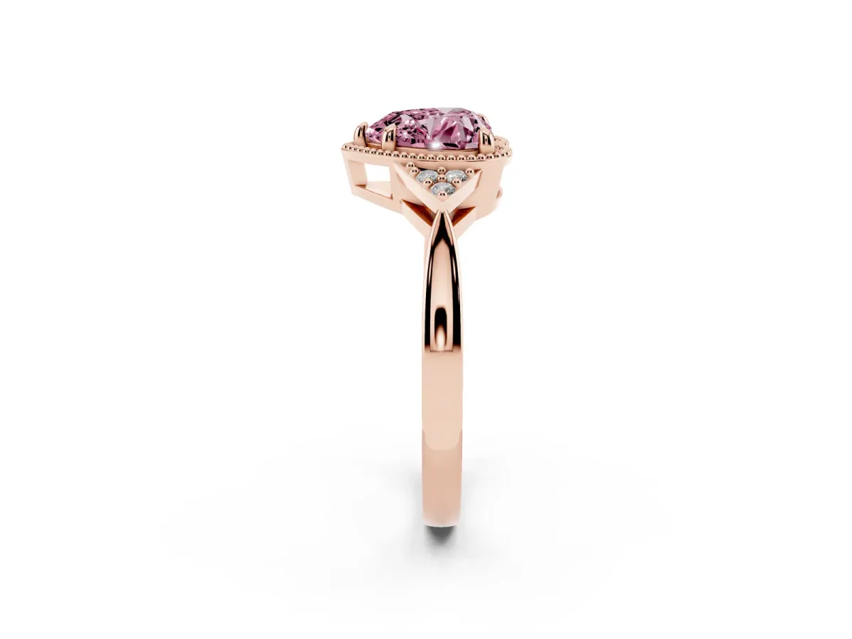Fancy Pink Hexagonal Halo Heart Cut Diamond Solitaire with Pavé Band and Four-Prong Setting Rose gold