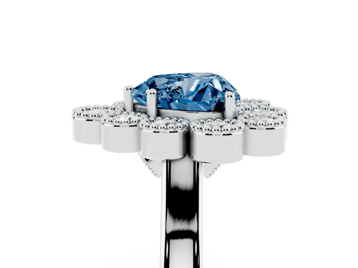 Fancy Blue Heart Cut Halo Diamond Cluster Engagement Ring with Milgrain Bezel Setting and Solitaire Band Platinum