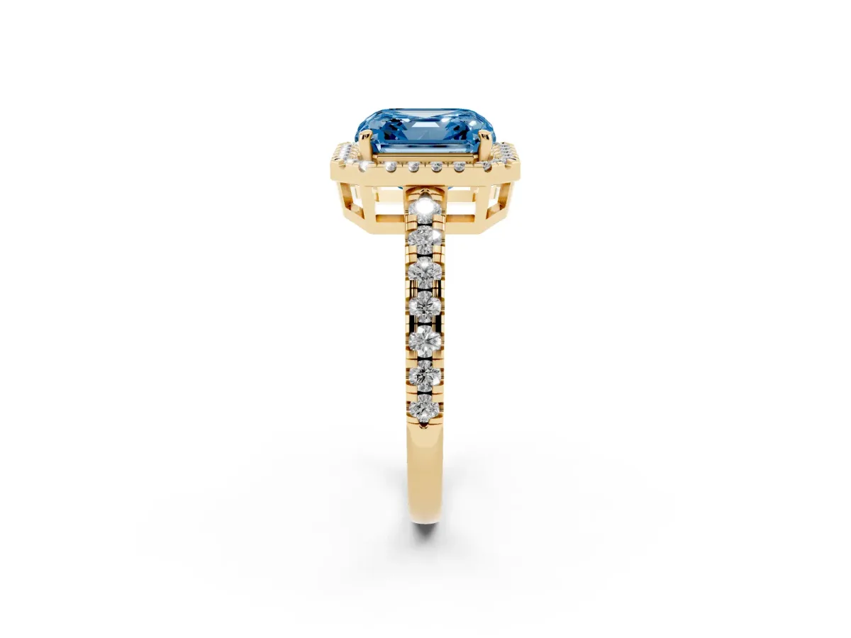 Fancy Blue Asscher Cut Diamond Halo Ring with Pavé Band and Four-Prong Setting Yellow gold