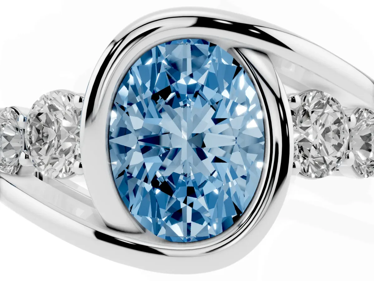 Fancy Blue Bezel Set Oval Cut Diamond Bypass Ring with Round Accents Platinum