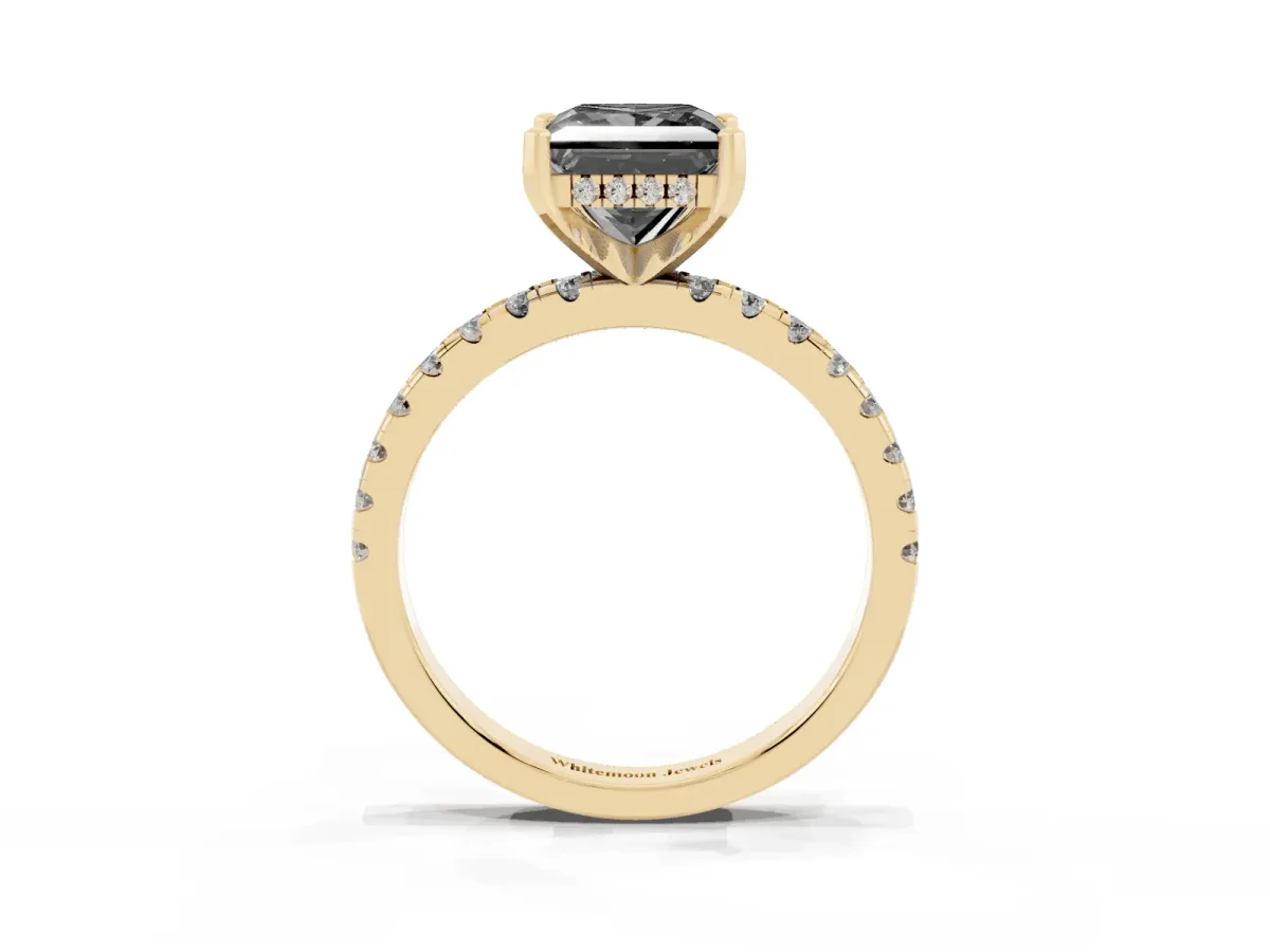Fancy Black Princess Cut Diamond Solitaire Ring with Round Pavé Band and Four-Prong Setting Yellow gold