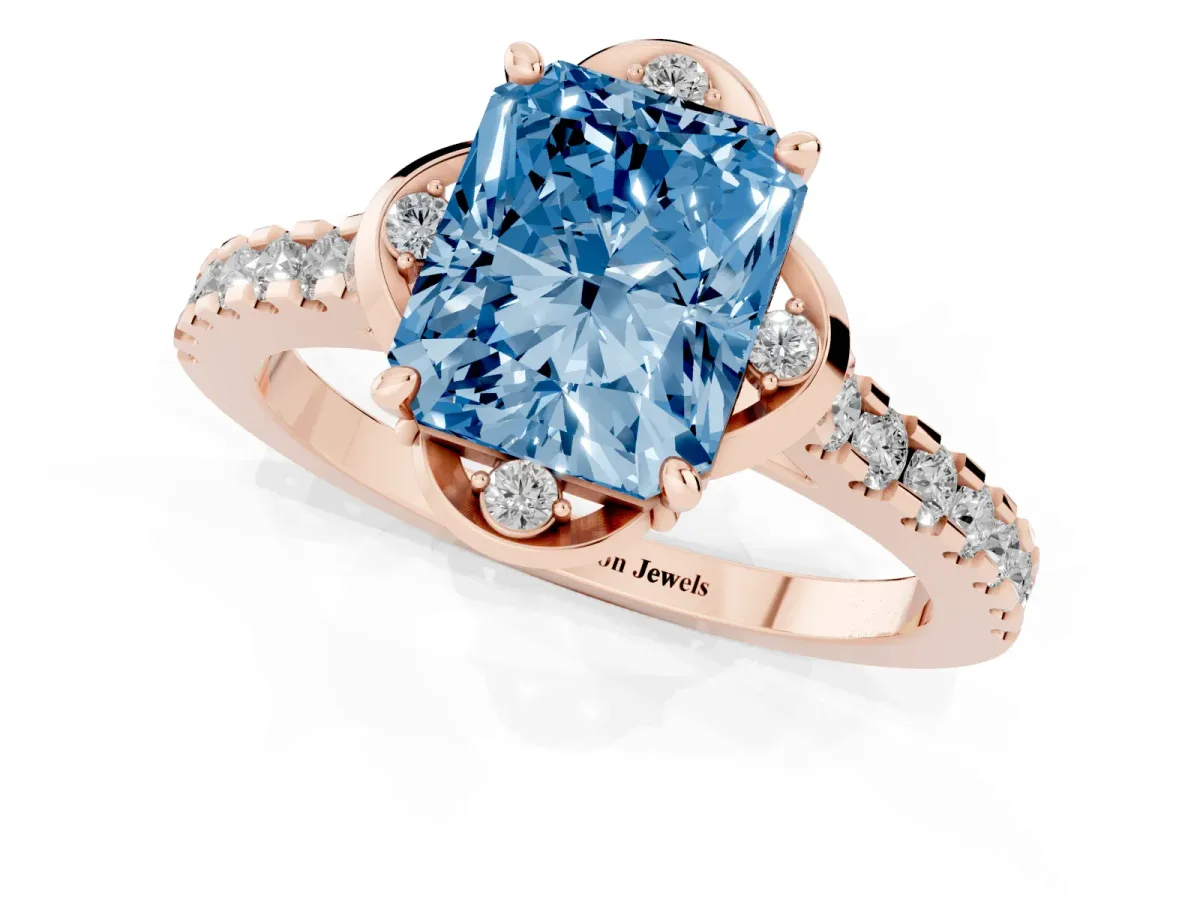 Fancy Blue Radiant Cut Diamond Ring with Pavé Band and Floral Prong Setting Rose gold