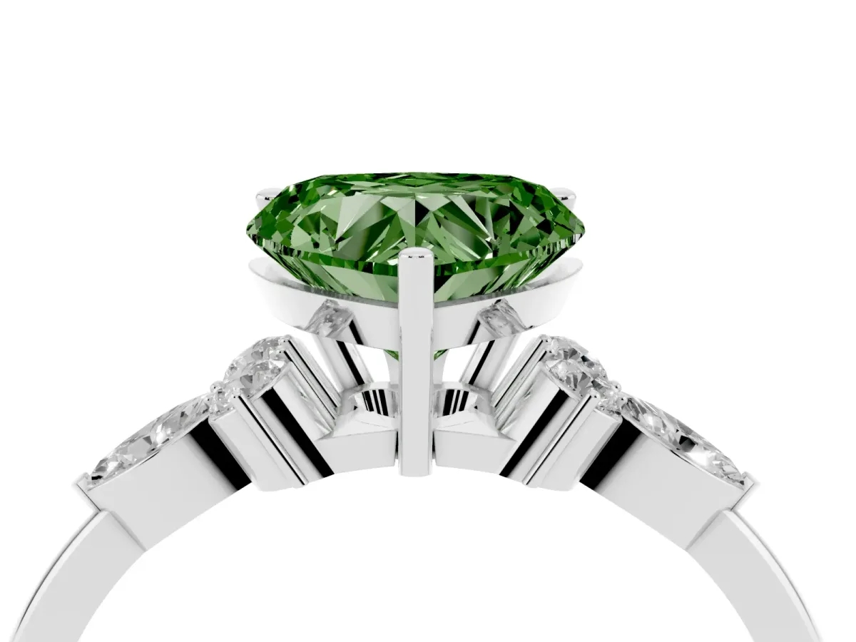 Fancy Green Heart Cut Brilliant Diamond Solitaire Ring with Pear Side Stones and Four-Prong Setting Silver