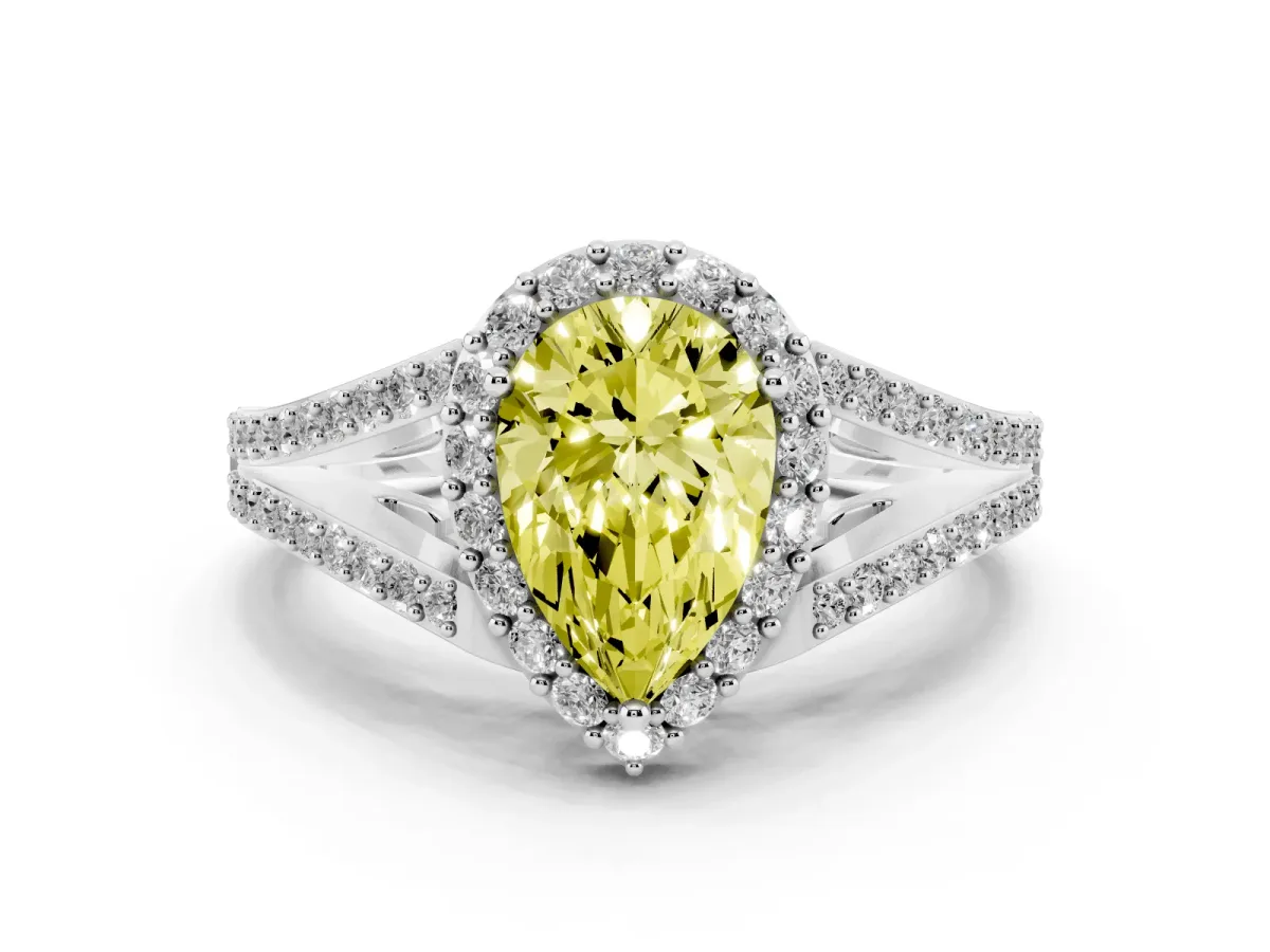 Fancy Yellow Pear Cut Halo Split Shank Diamond Ring with Prong Setting Silver