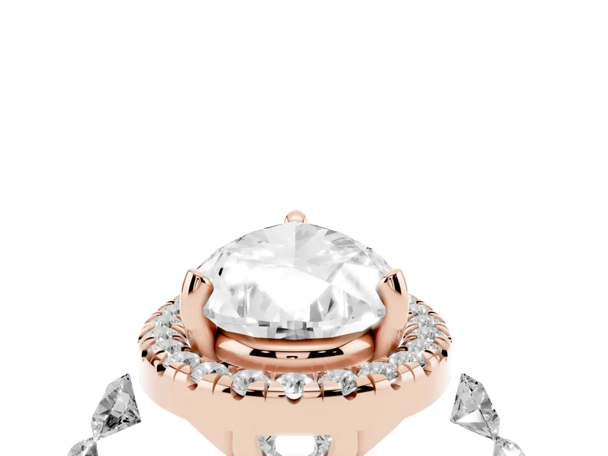 Pear Cut Halo Pavé Diamond Engagement Ring with Four-Prong Setting Rose gold