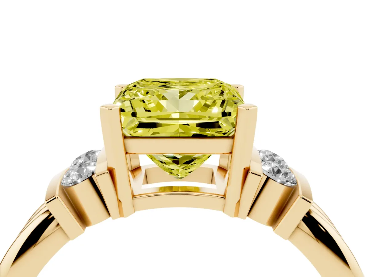 Fancy Yellow Princess Cut Cut Three-Stone Channel Set Ring with Bar Prongs Yellow gold