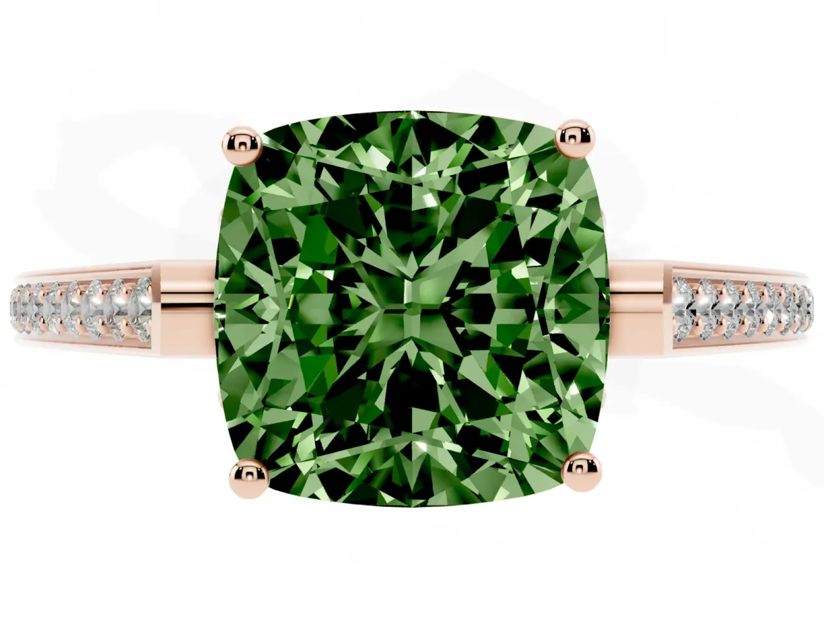 Fancy Green Cushion Cut Cut Cathedral Pave Diamond Engagement Ring with Six-Prong Setting Rose gold