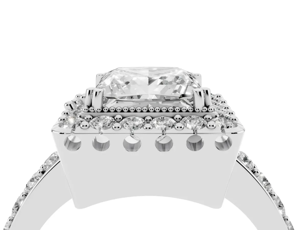 Princess Cut Diamond Halo Ring with Pavé Band and Prong Setting Silver