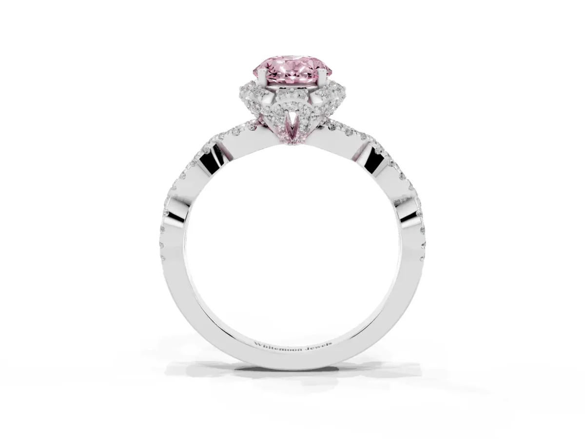 Fancy Pink Oval Cut Halo Twist Band Solitaire Ring with Six-Prong Setting Silver