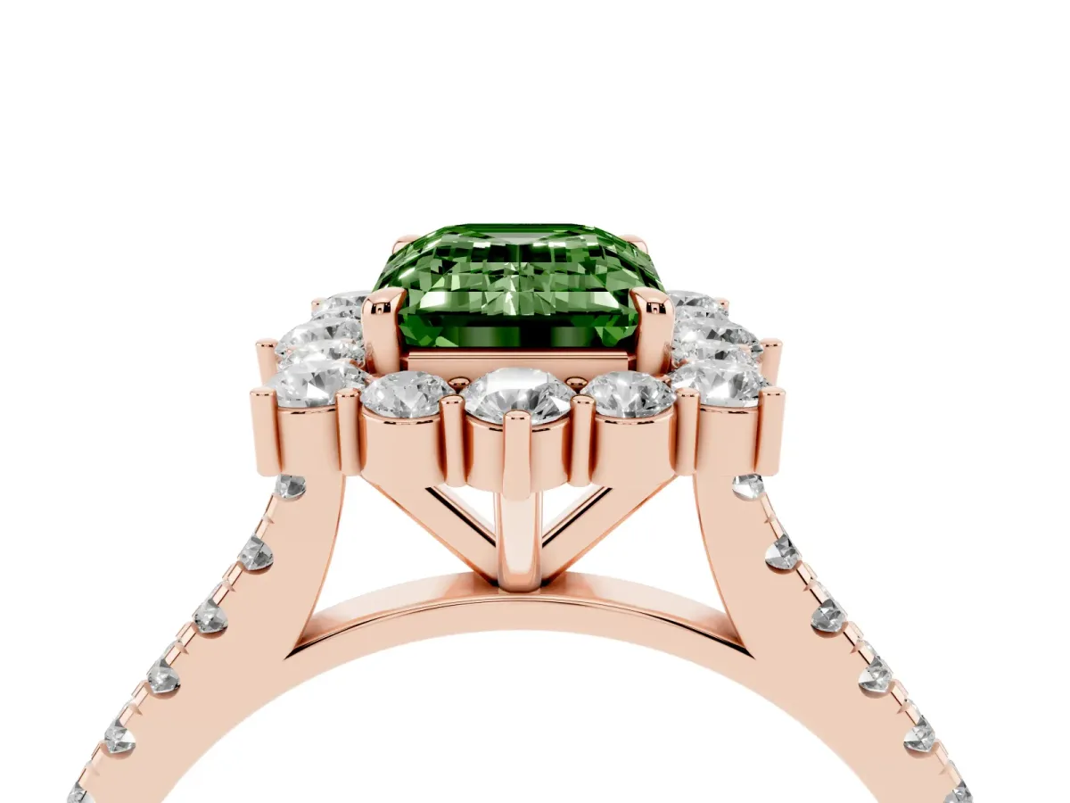 Fancy Green Emerald Cut Halo Diamond Ring with Pavé Band and Prong Setting Rose gold