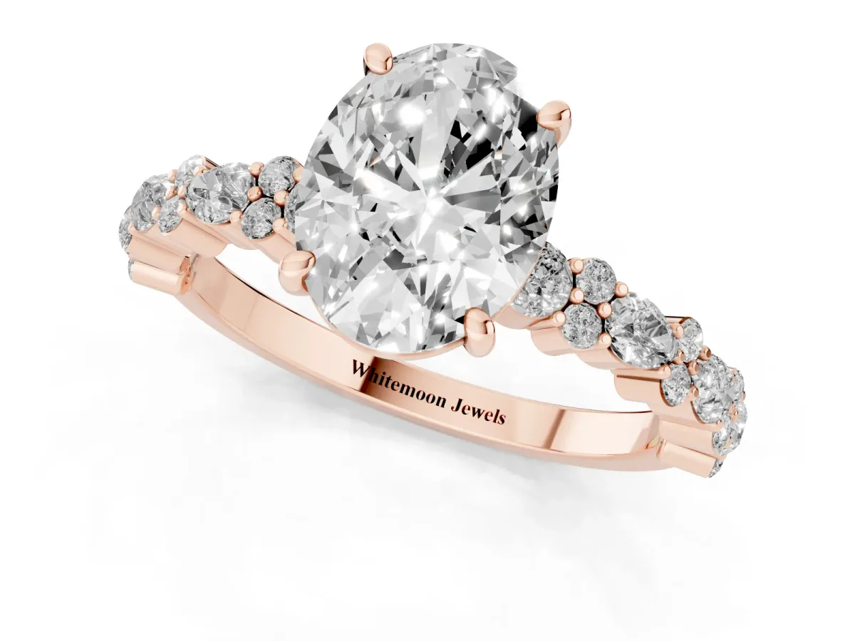 Oval Cut Diamond Side Stone Solitaire Ring with Round and Four-Prong Setting Rose gold