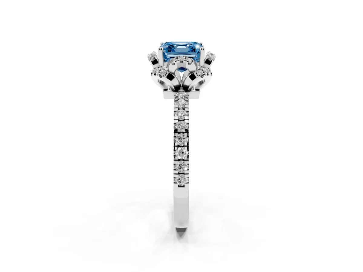 Fancy Blue Asscher Cut Halo Diamond Pave Band Ring with Four-Prong Setting Silver
