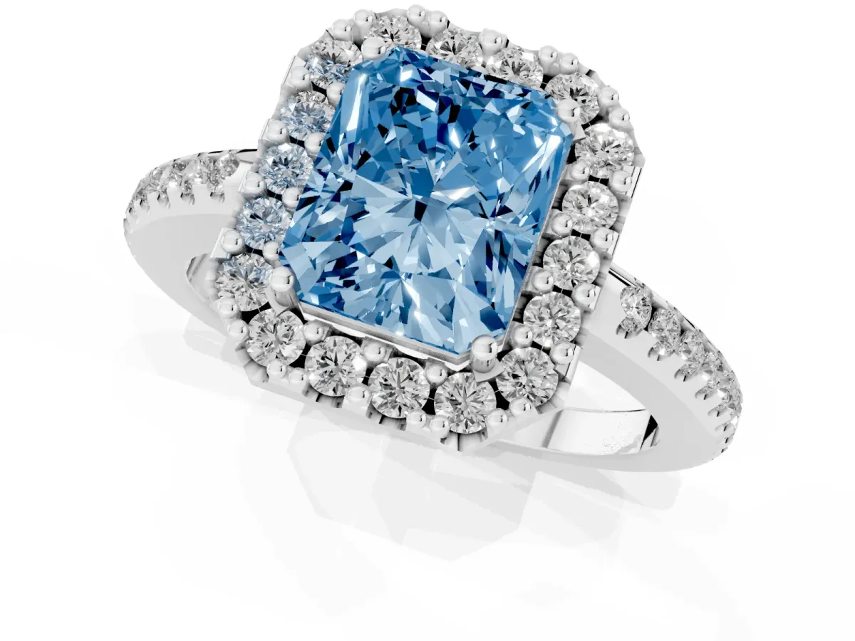 Fancy Blue Radiant Cut Diamond Pavé Halo Ring with Four-Prong Setting Silver
