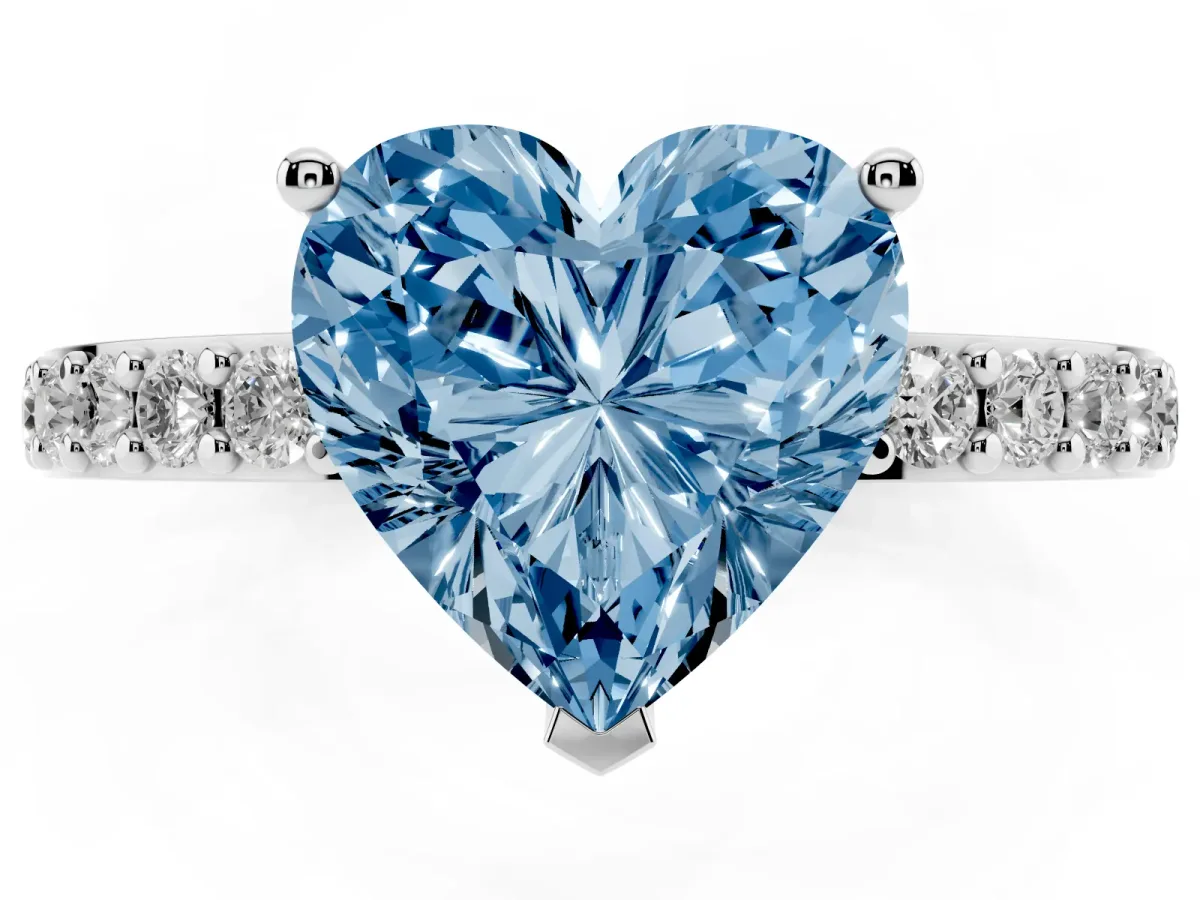Fancy Blue Heart Cut Cut Diamond Solitaire with Pave Band and Four-Prong Setting Silver