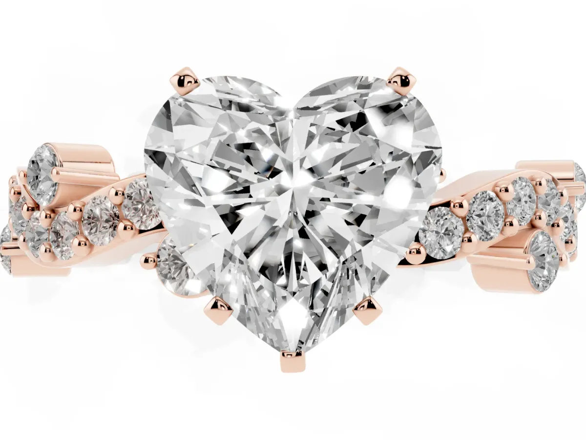 Heart Cut Cut Solitaire Diamond Twisted Band with Pave Setting Rose gold