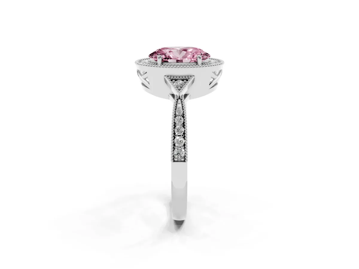 Fancy Pink Oval Cut Halo Round Diamond Milgrain Pave Engagement Ring Silver