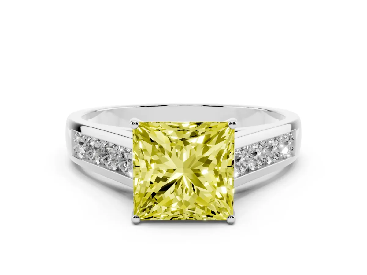 Fancy Yellow Princess Cut Solitaire Channel-Set Diamond Engagement Ring with Four-Prong Setting Silver