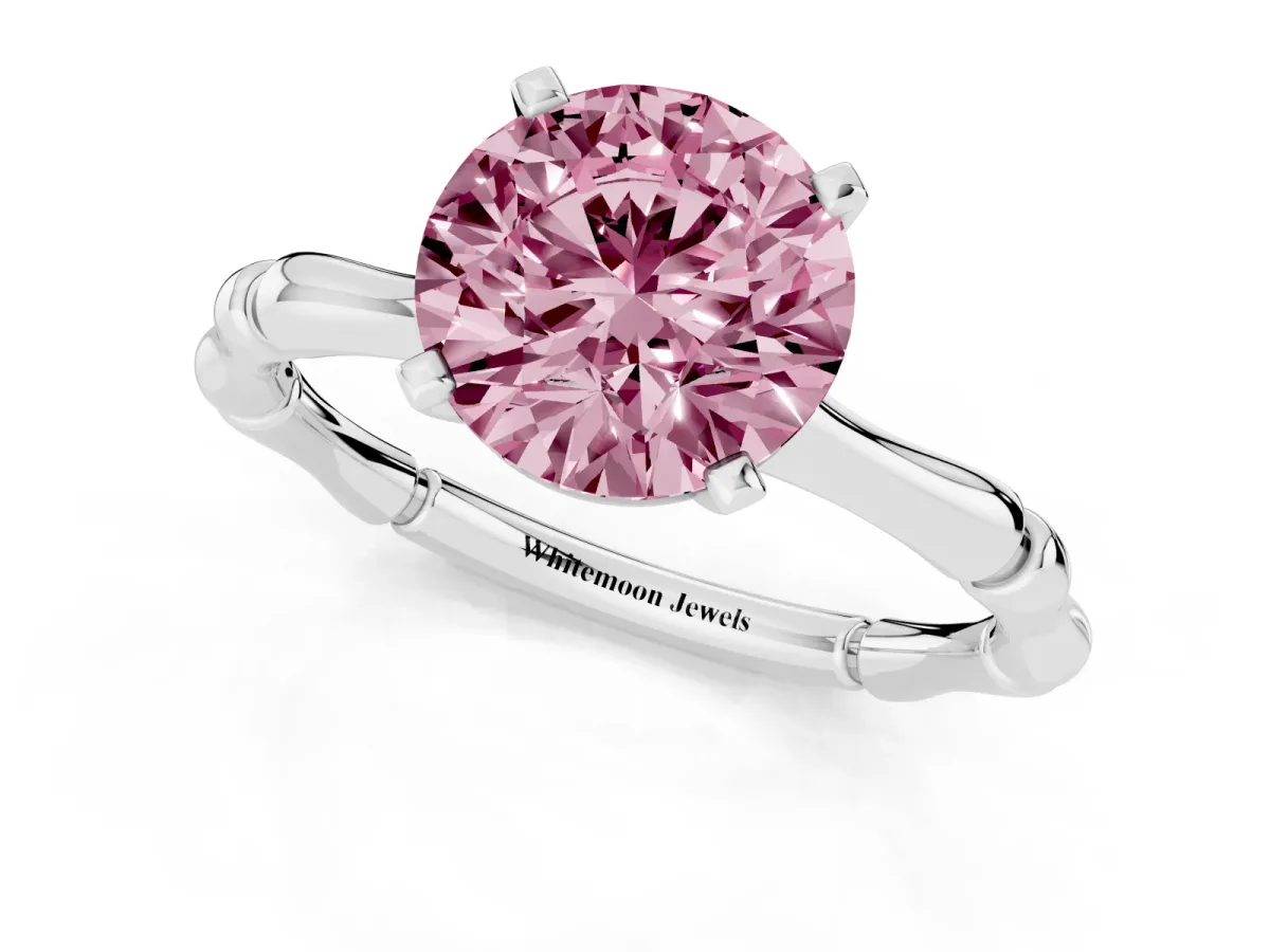 Fancy Pink Round Cut Solitaire Diamond Ring with Bamboo Band and Four-Prong Setting Silver