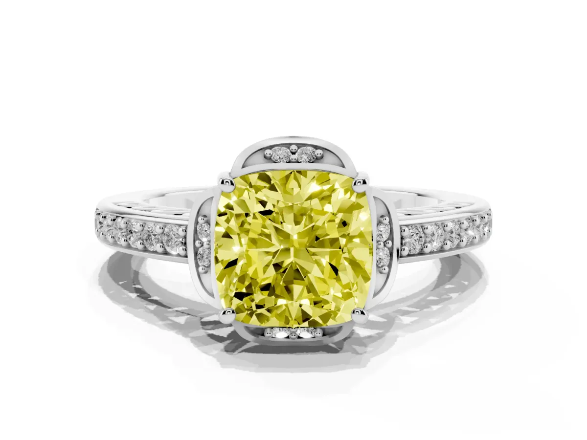 Fancy Yellow Cushion Cut Cut Halo Diamond Ring with Channel Set Band and Four-Prong Setting White gold