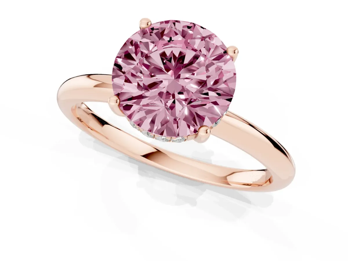 Fancy Pink Round Cut Cut Solitaire Engagement Ring with Four-Prong Setting and Classic Band Rose gold