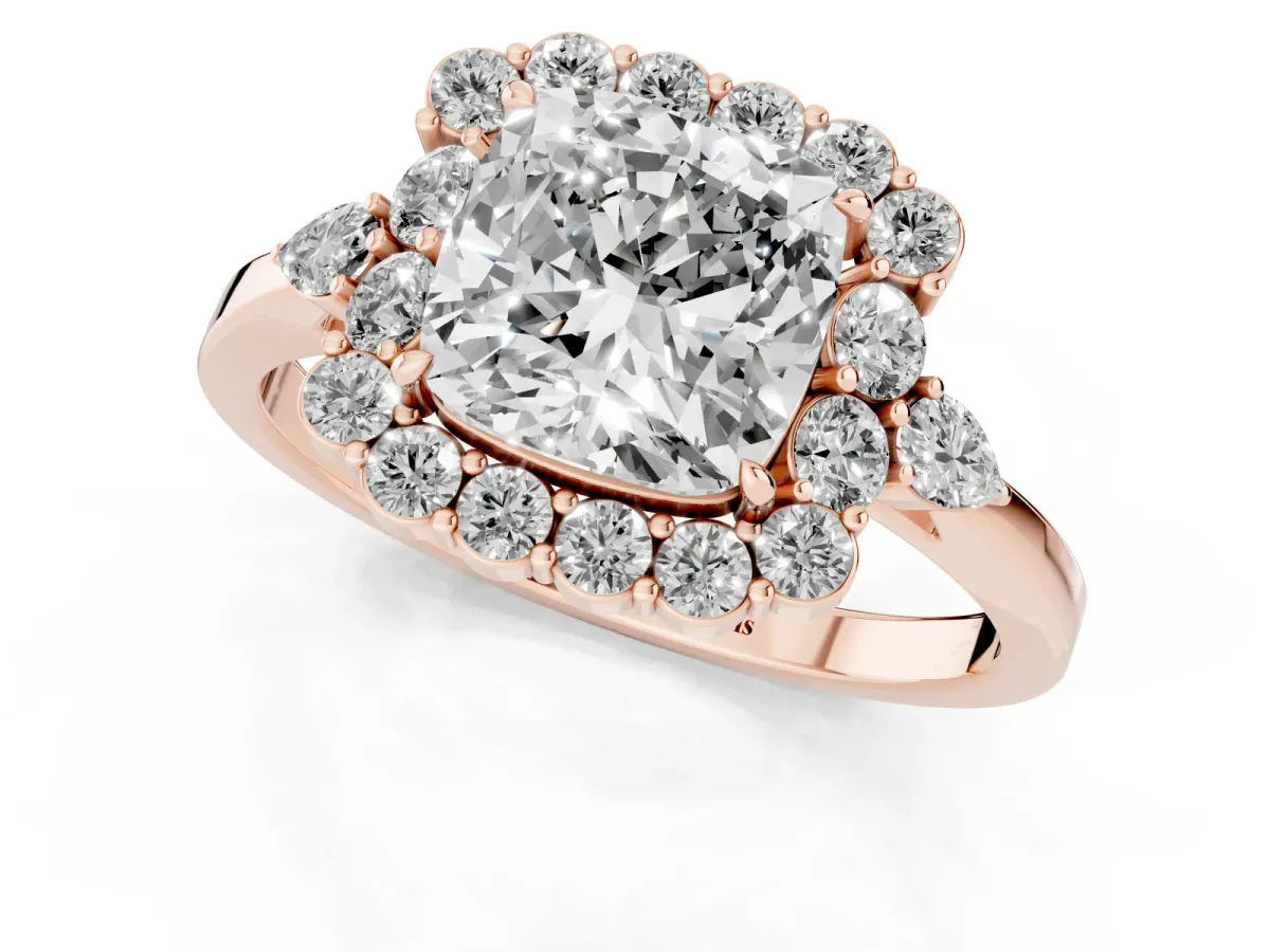 Cushion Cut Diamond Halo Ring with Pear Side Stones and Prong Setting Rose gold