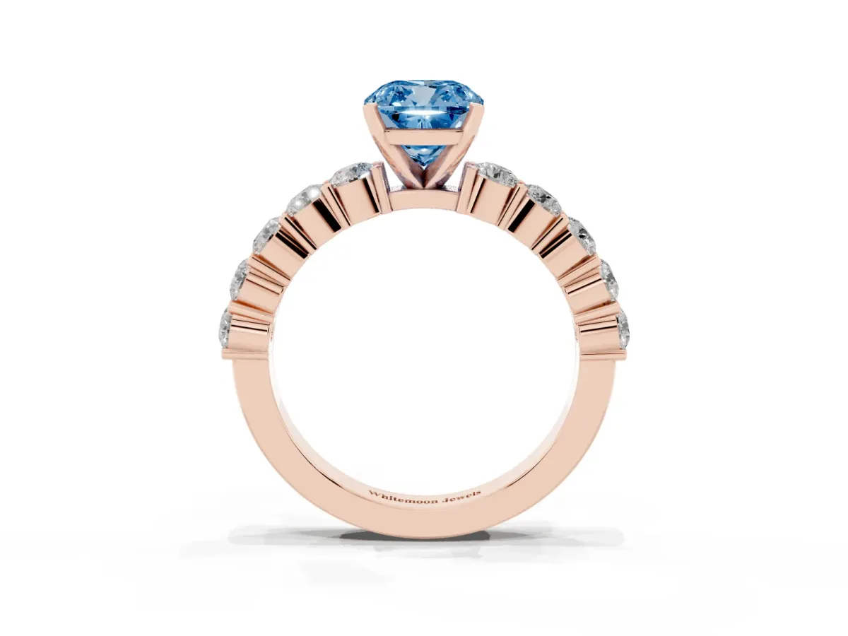 Fancy Blue Cushion Cut Diamond Solitaire Ring with Shared Prong Round Side Stones Rose gold