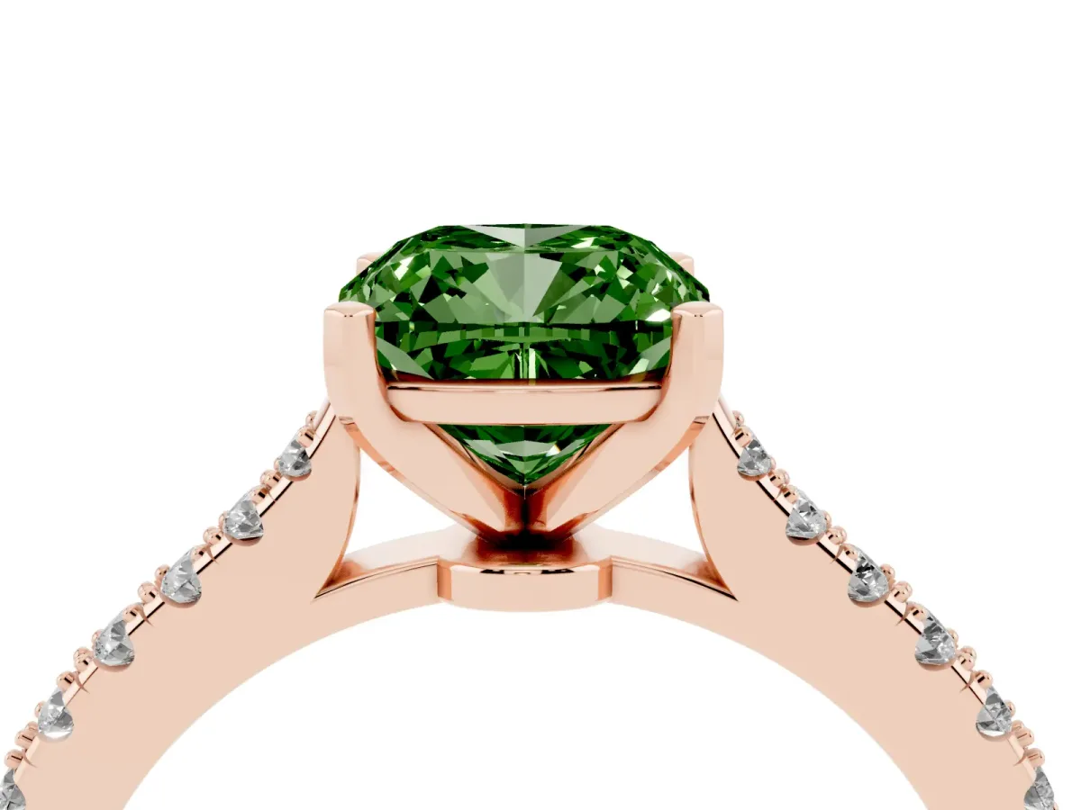 Fancy Green Cushion Cut Cut Solitaire Diamond Engagement Ring with Pave Band and Four-Prong Setting Rose gold