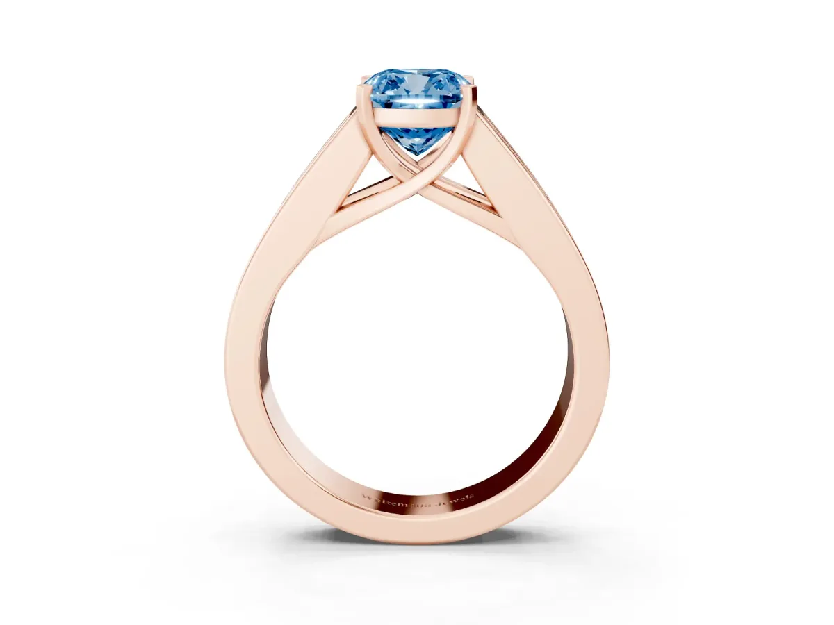 Fancy Blue Cushion Cut Cut Channel Set Solitaire Ring with Four-Prong Setting Rose gold