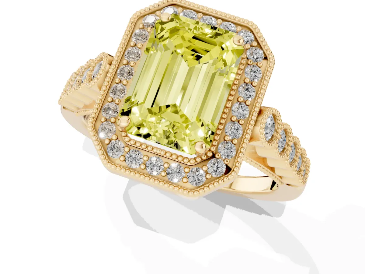 Fancy Yellow Emerald Cut Halo Milgrain Solitaire with Bezel Set Side Stones and Pave Band Yellow gold
