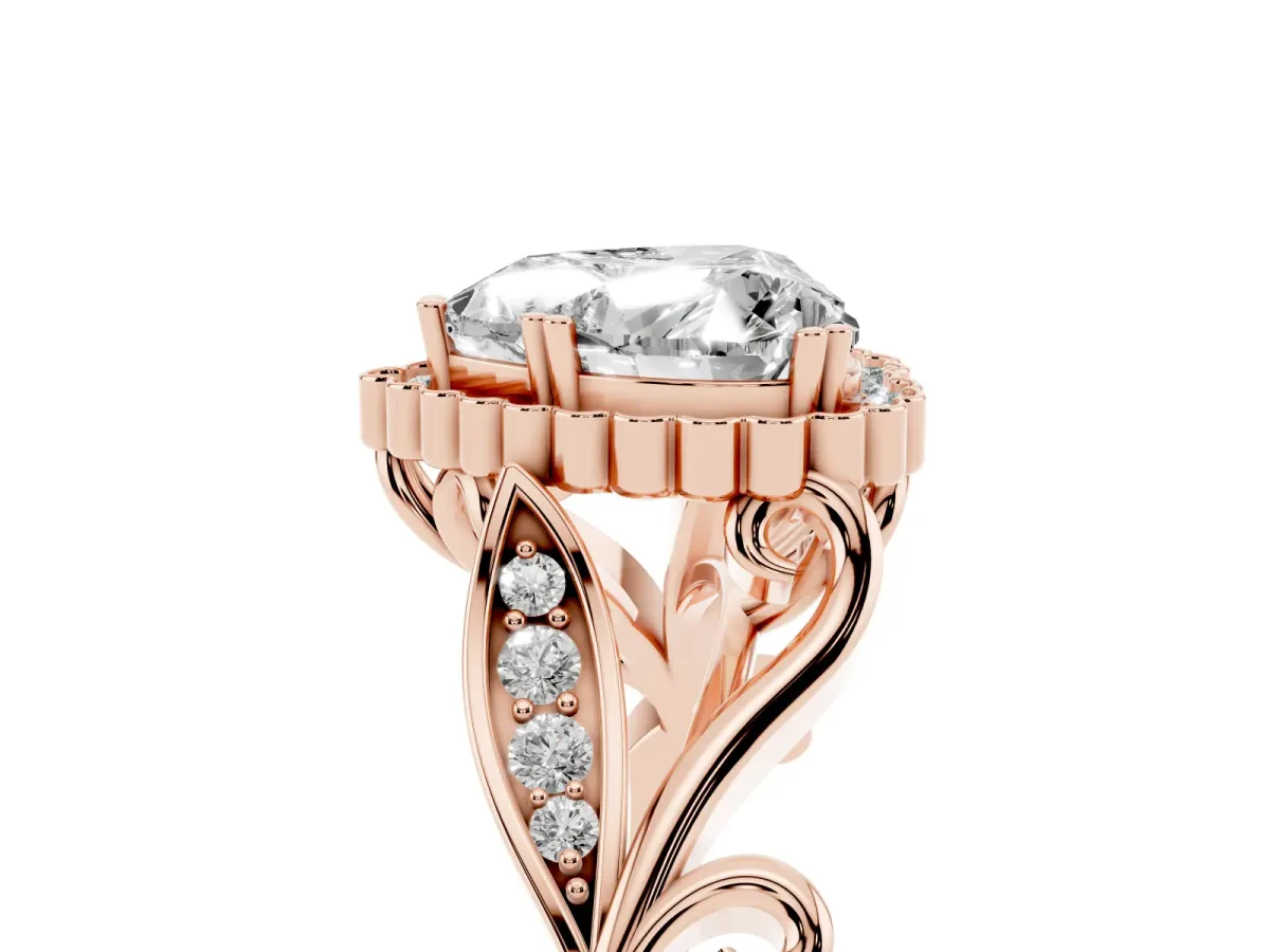 Heart Cut Diamond Halo Ring with Vintage Split Shank and Four-Prong Setting Rose gold
