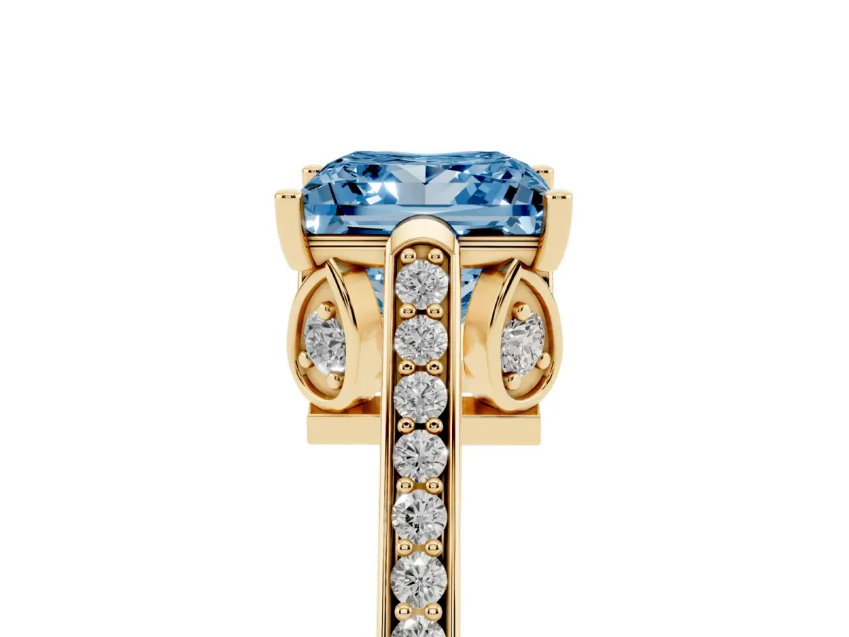 Fancy Blue Princess Cut Cut Cathedral Pave Diamond Engagement Ring with Six-Prong Setting Yellow gold