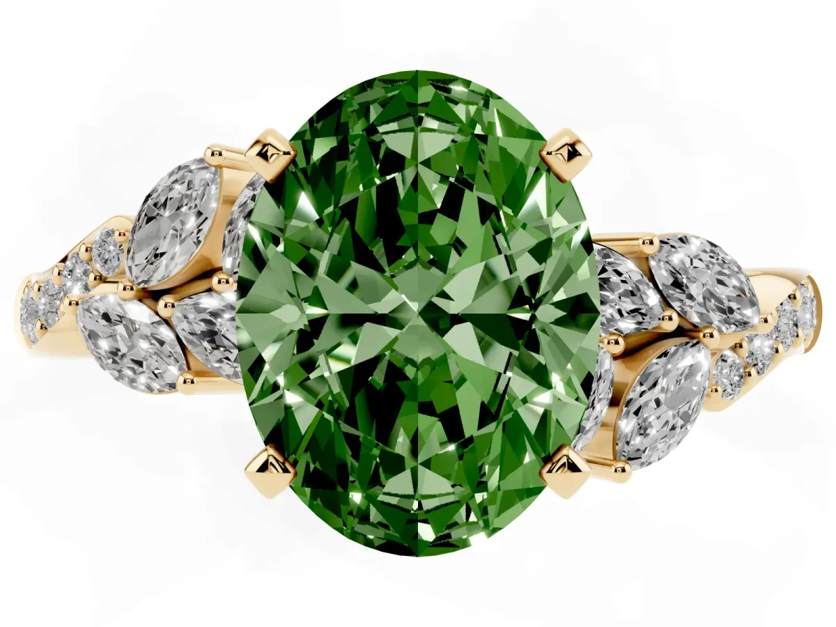 Fancy Green Oval Cut Solitaire Marquise Twist Band with Six-Prong Setting Yellow gold