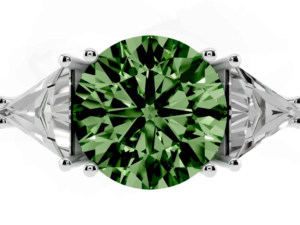 Fancy Green Three-Stone Round Cut Diamond Engagement Ring with Trillion Side Stones and Prong Setting Silver