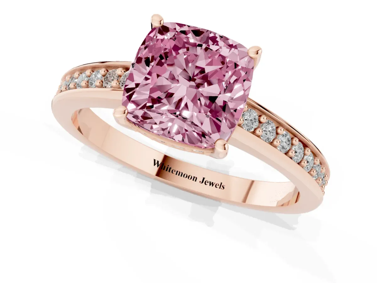 Fancy Pink Cushion Cut Solitaire Pavé Band Prong Setting Ring Rose gold