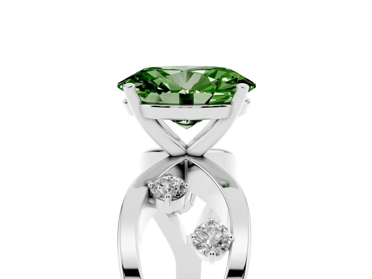 Fancy Green Oval Cut Cut Solitaire Diamond with Side Stones on Criss-Cross Band and Four-Prong Setting Silver