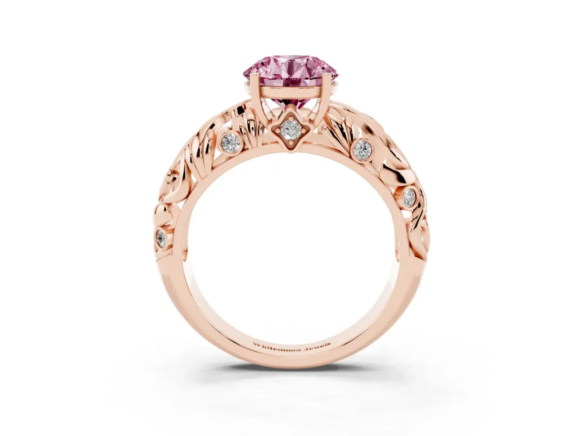 Fancy Pink Round Cut Solitaire Diamond Leaf-Inspired Vine Band Ring with Prong Setting Rose gold