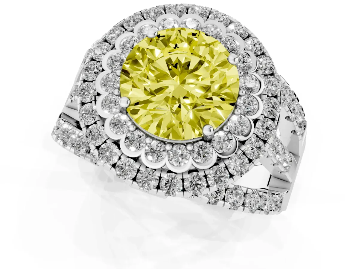 Fancy Yellow Round Cut Diamond Double Halo Ring with Round Pavé Split Shank and Prong Setting Silver