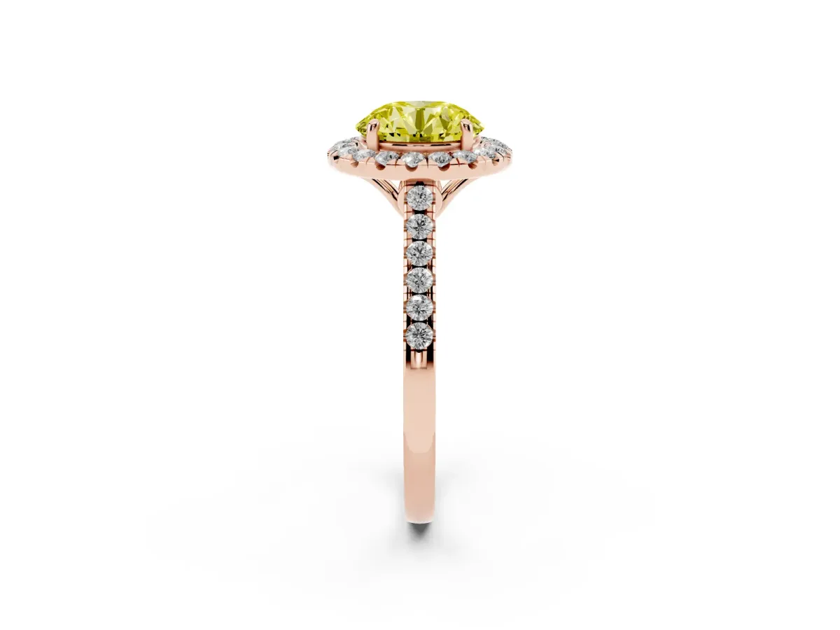 Fancy Yellow Round Cut Halo Pavé Diamond Engagement Ring with Four-Prong Setting Rose gold