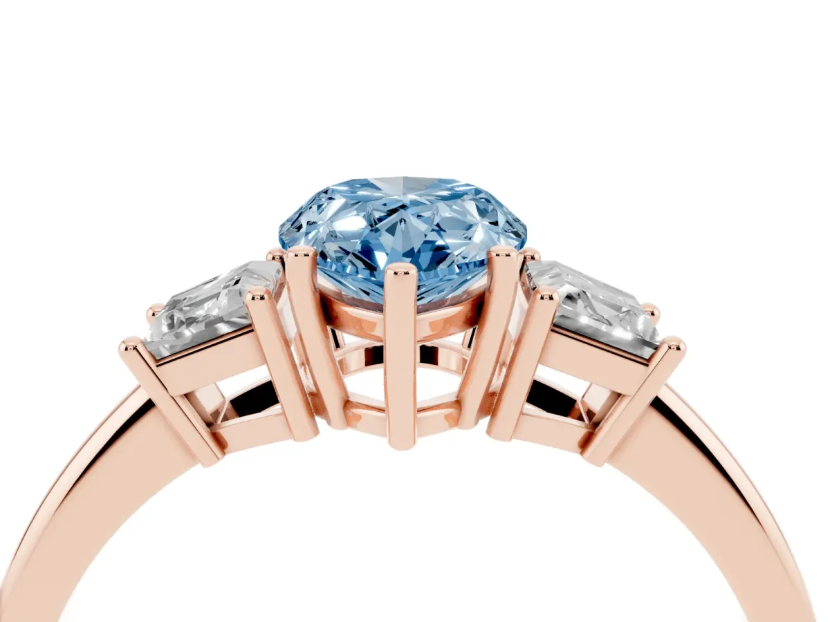 Fancy Blue Pear Cut Diamond Three-Stone Ring with Trapezoid Side Stones and Prong Setting Rose gold