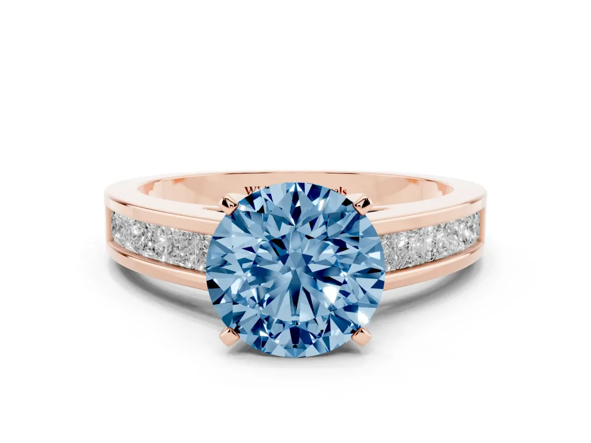 Fancy Blue Round Cut Solitaire Diamond Ring with Channel-Set Band and Four-Prong Setting Rose gold