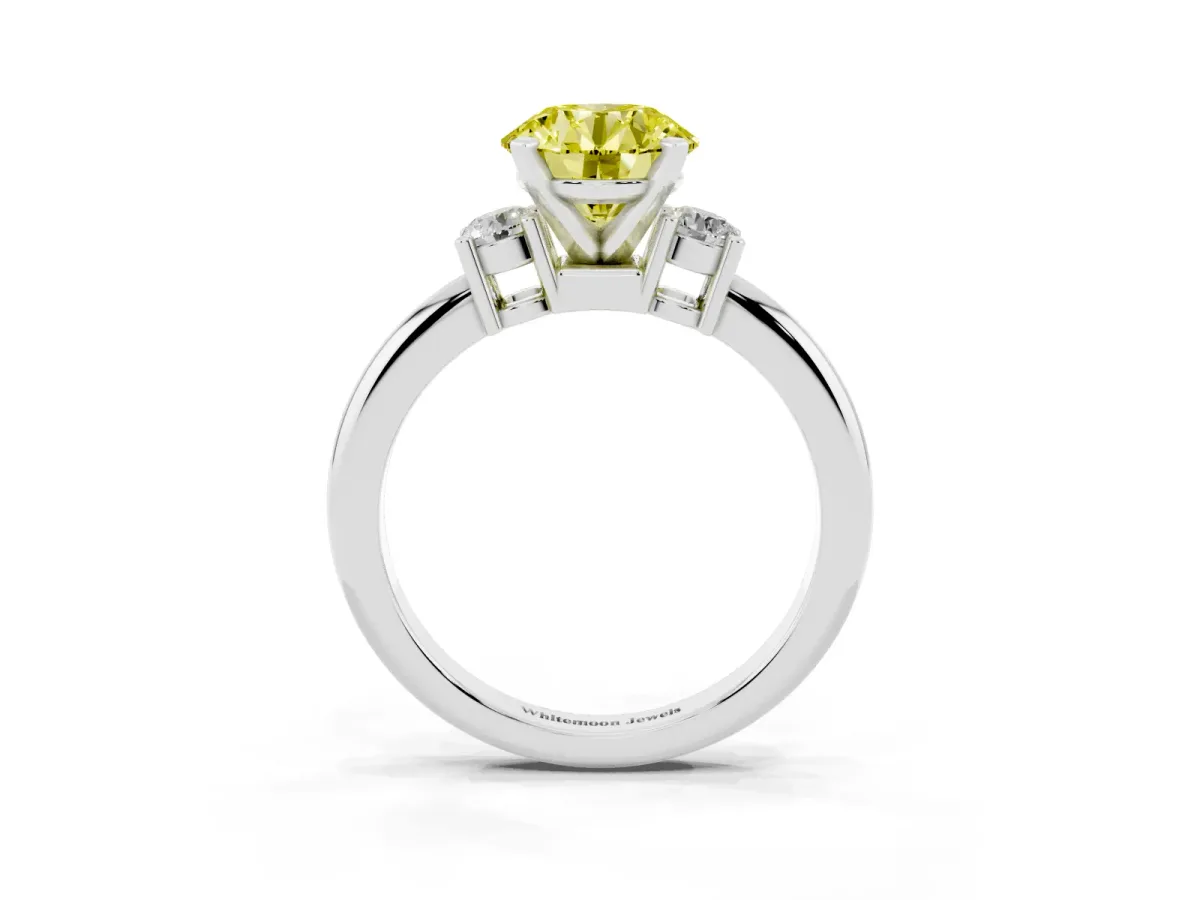 Fancy Yellow Three-Stone Round Cut Cut Diamond Solitaire with Prong Setting and Classic Band Silver
