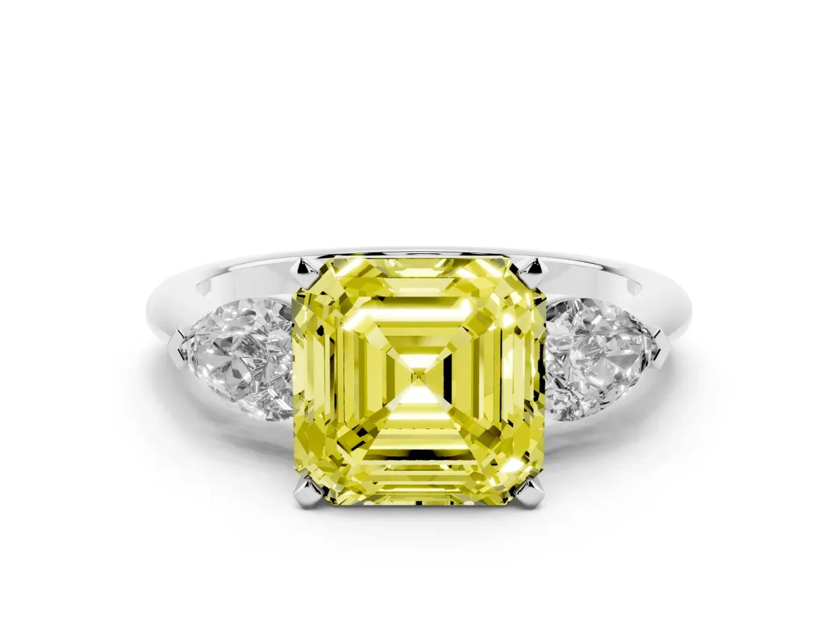 Fancy Yellow Three-Stone Asscher Cut Diamond Ring with Pear Side Stones and Four-Prong Setting Silver