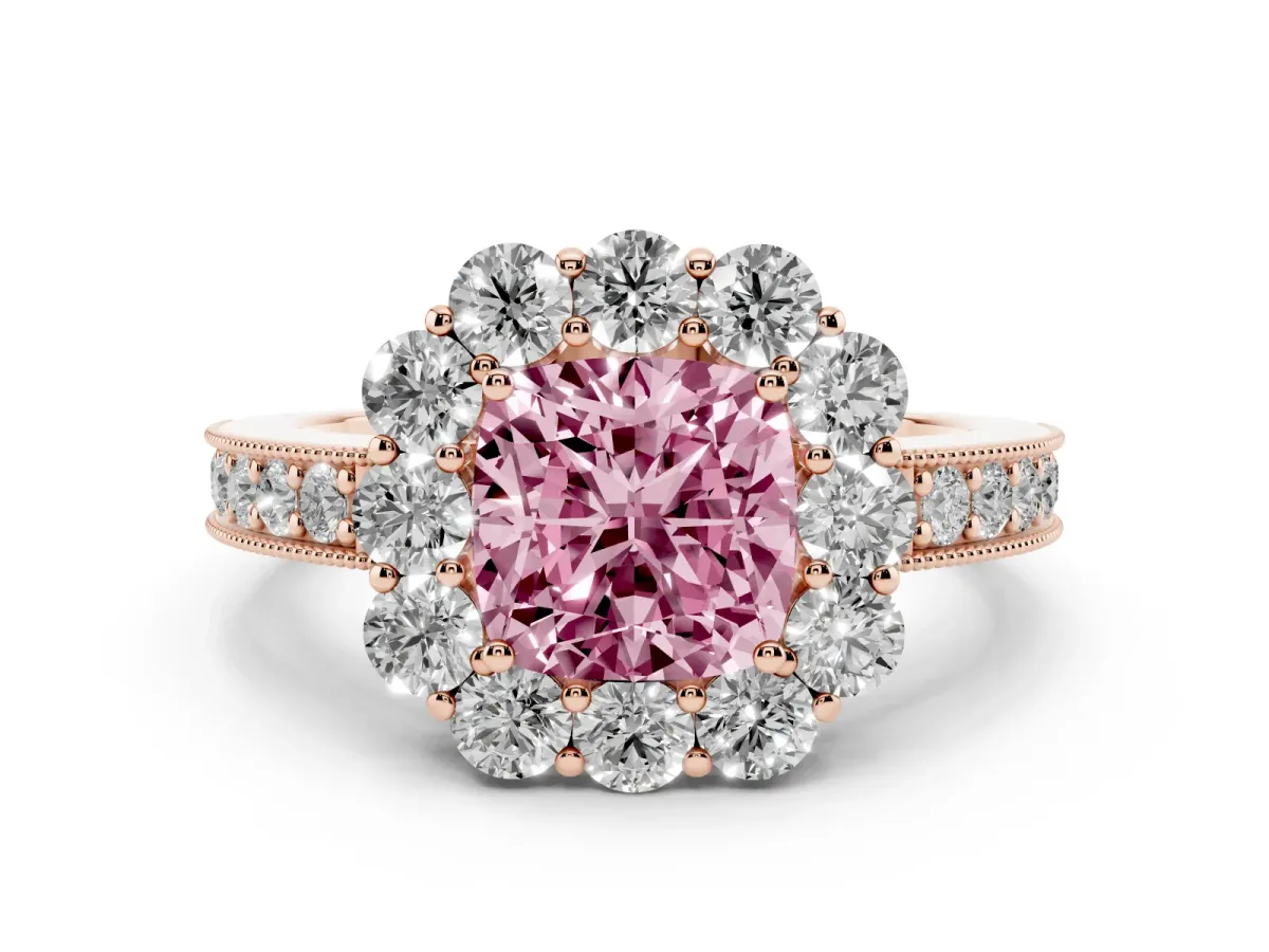 Fancy Pink Cushion Cut Cut Halo Diamond Pavé Engagement Ring with Milgrain Detailing Rose gold