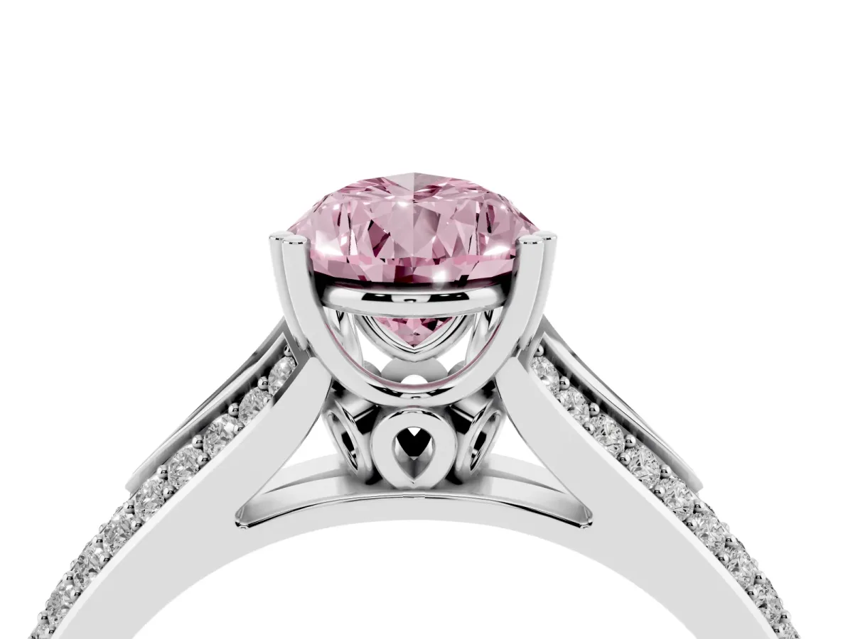 Fancy Pink Pear Cut Diamond Split Shank Engagement Ring with Pavé Band Platinum