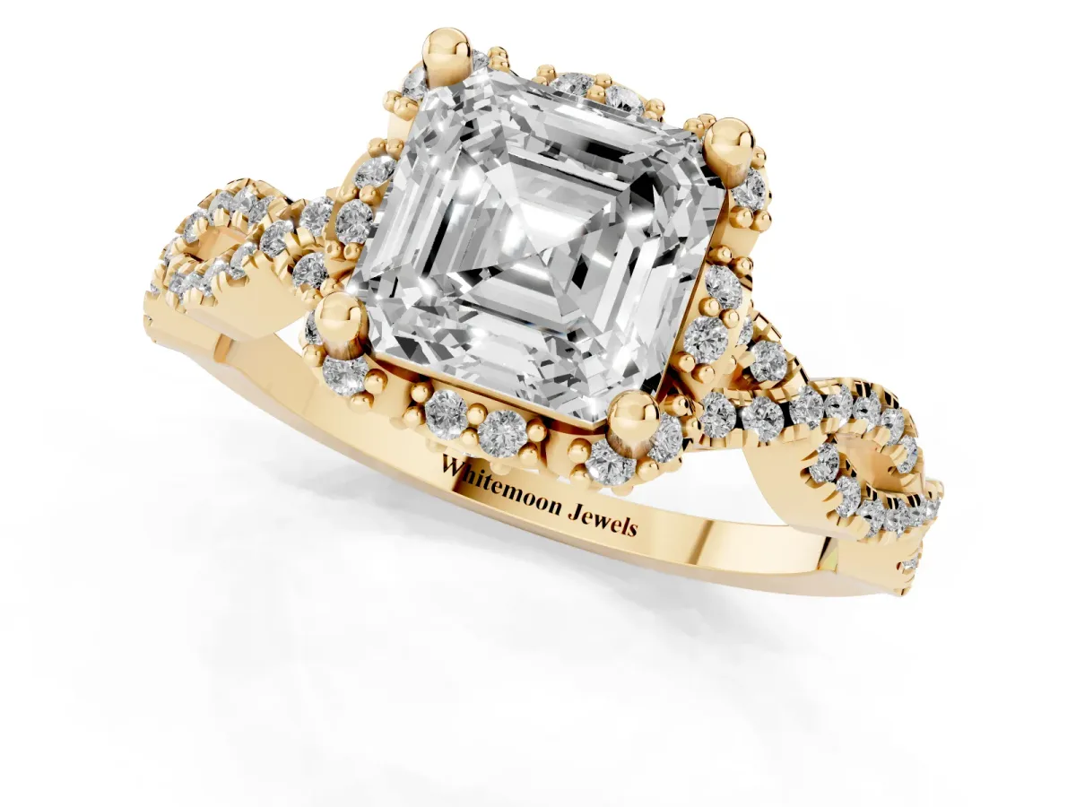 Asscher Cut Halo Twist Band Solitaire Ring with Six-Prong Setting Yellow gold